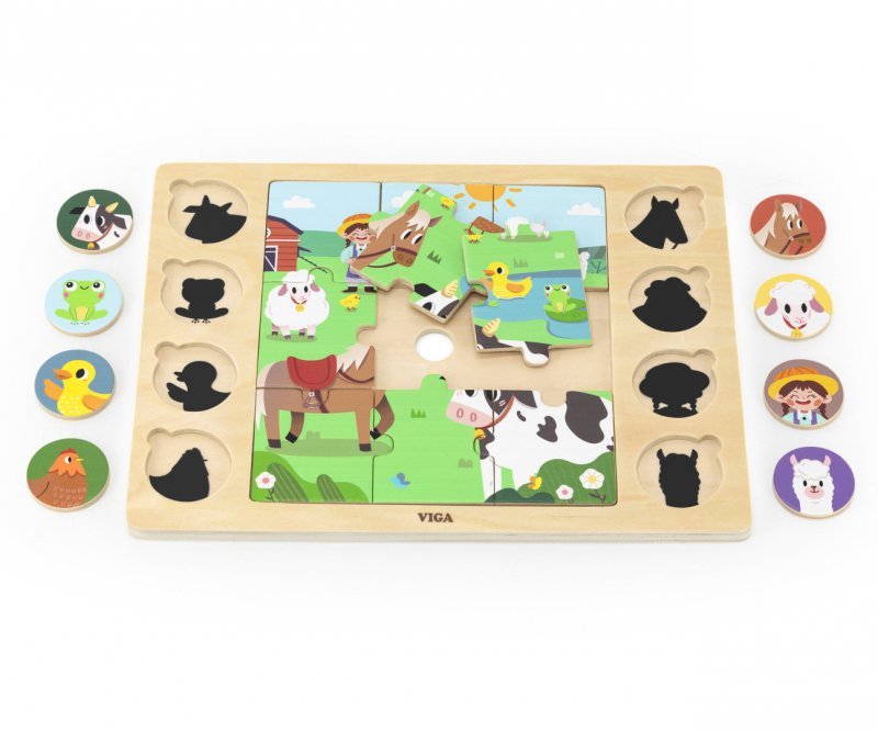 Viga Zestaw puzzli na podkładce - dopasuj cienie - farma