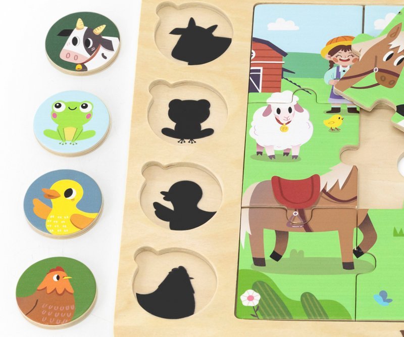 Viga Zestaw puzzli na podkładce - dopasuj cienie - farma