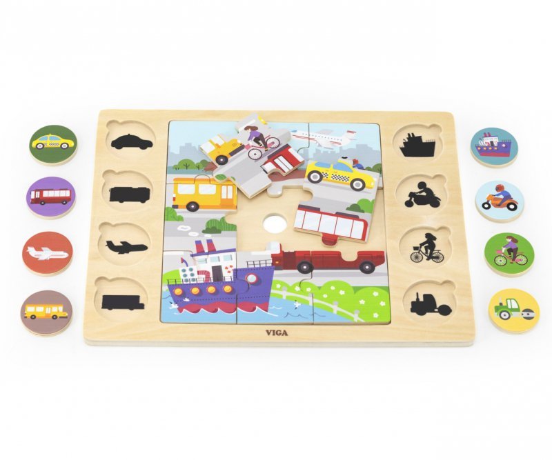 Viga Zestaw puzzli na podkładce- dopasuj cienie - środki transportu